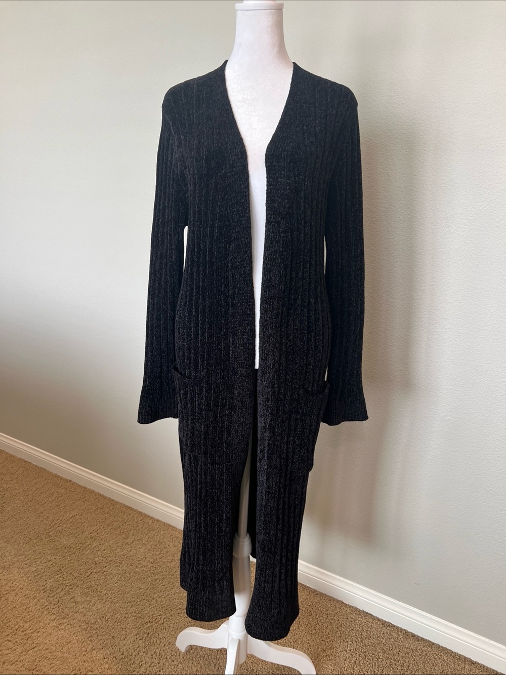 Stitch By Chenault Black Chenille Open Front Ribbed Long Cardigan Sweater Size M